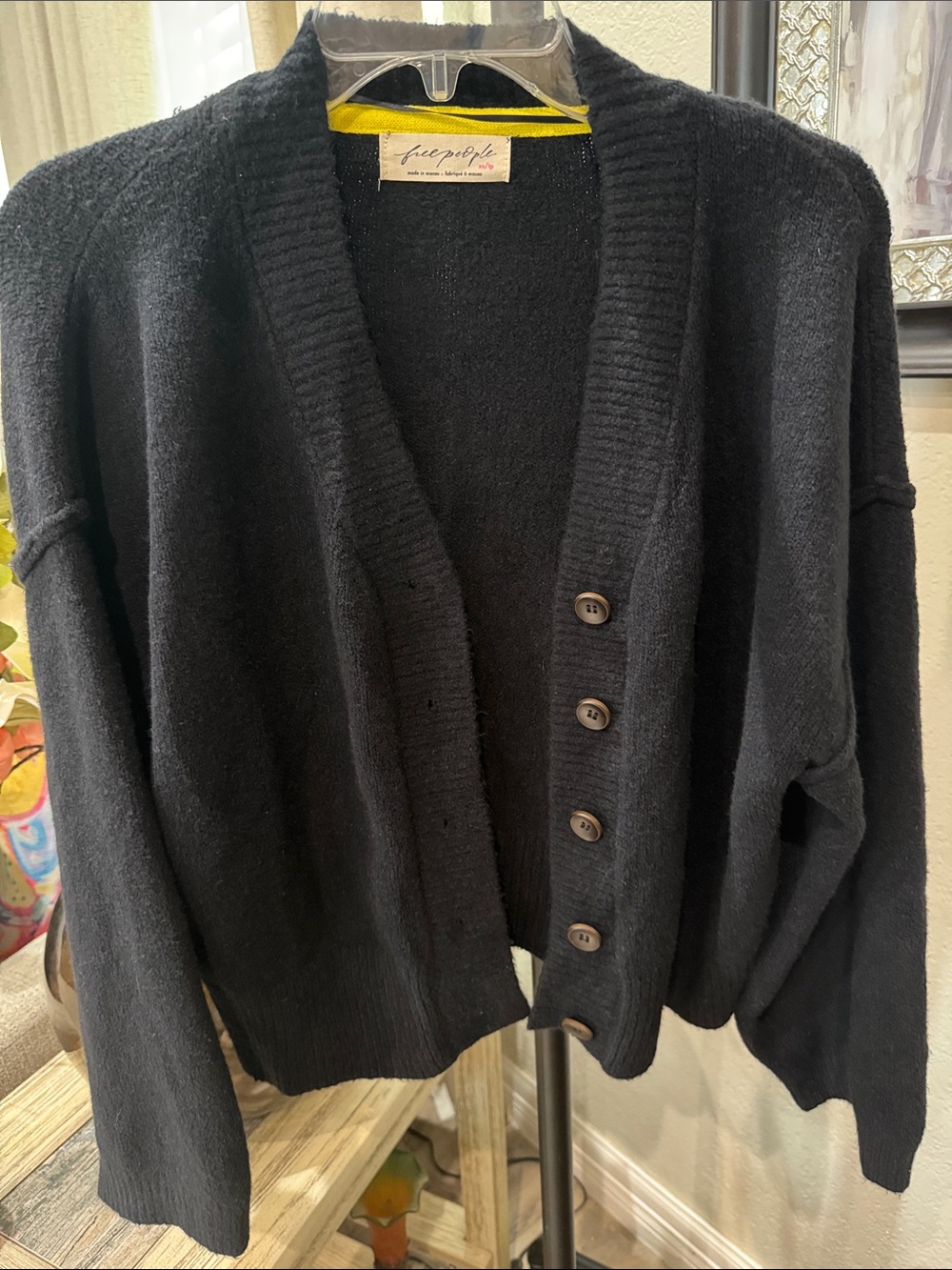 Free People Black Button-Front Slouchy Cardigan